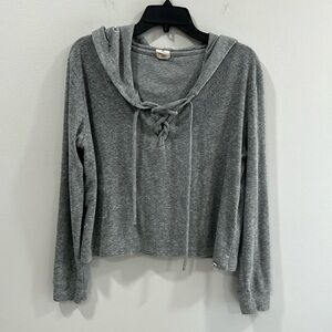 Gray Lace-Up Hooded Long Sleeve Top